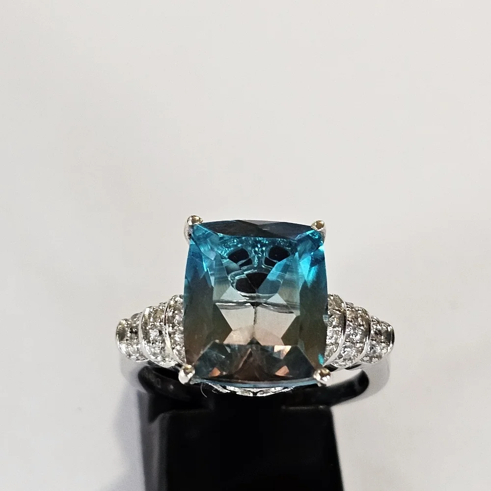 Aqua Colorful Terra Costa Quartz Triplet & White Zircon Ring in 925! Size 7 New - Picture 6 of 14